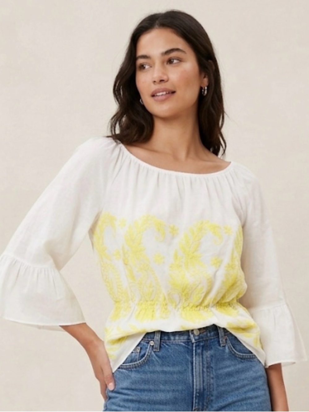 Miho’s White Peasant Blouse with Yellow Embroidery